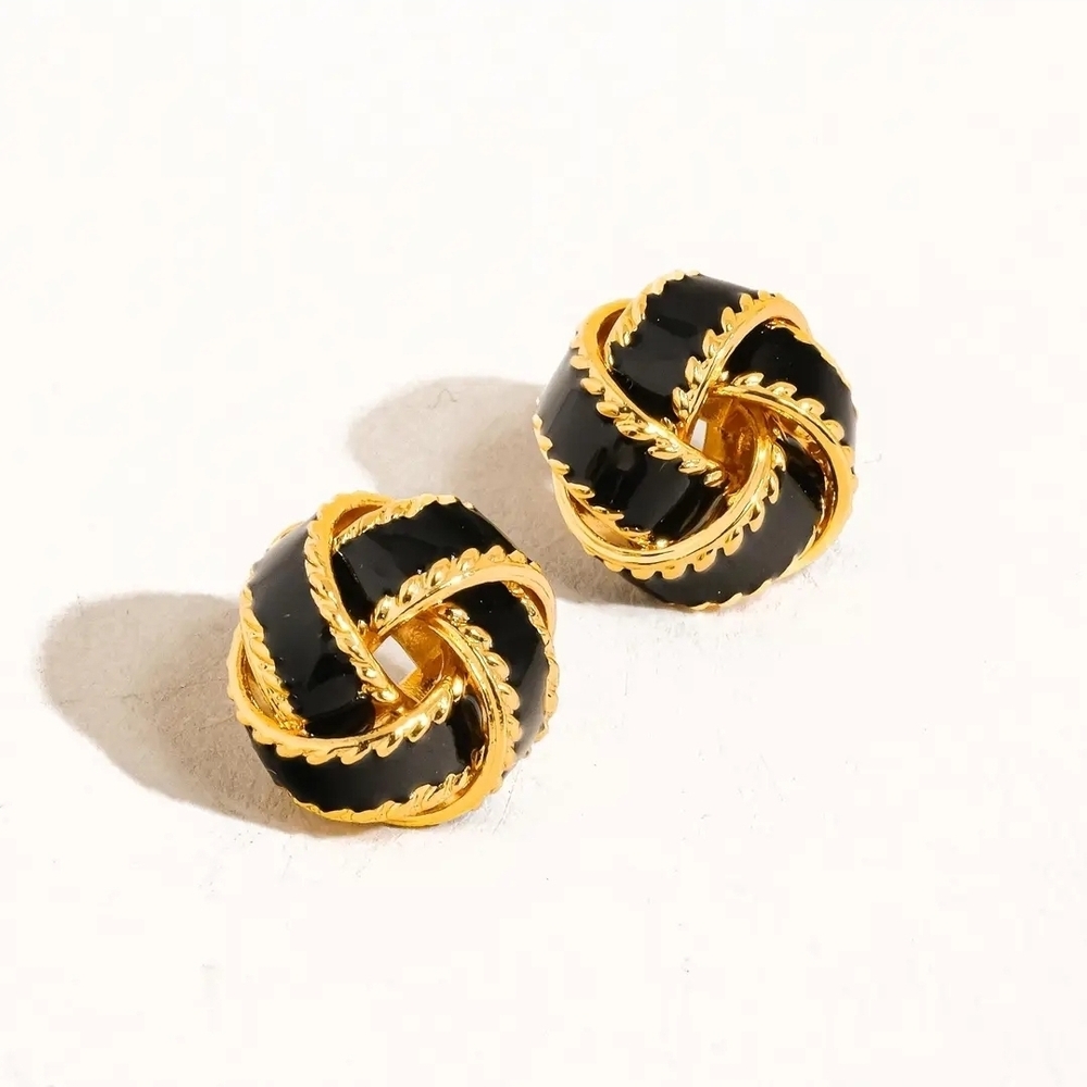 Black Gold Knot Earrings Chunky Vintage Statement Studs